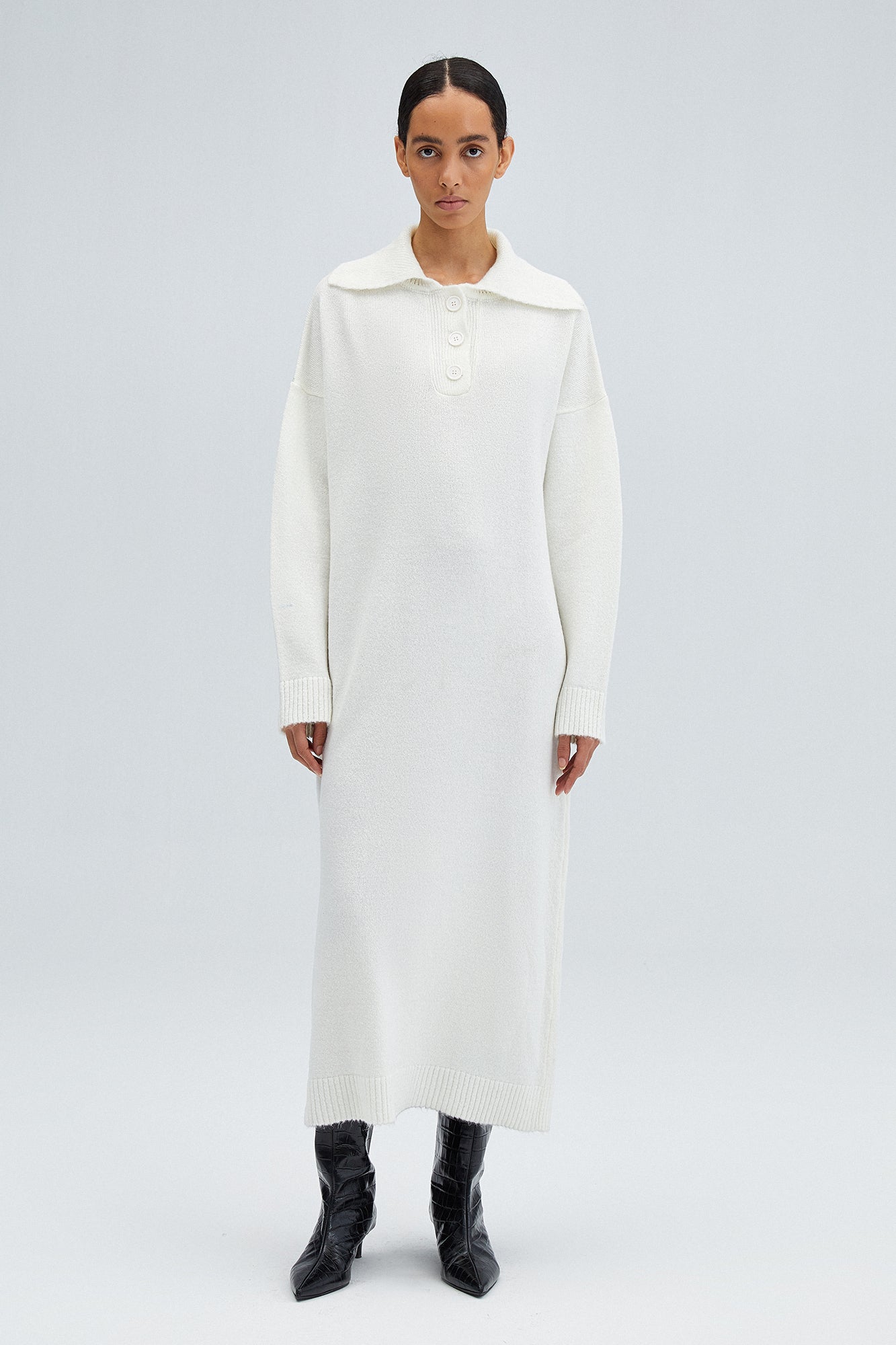 Textured Knit Maxi Dress with Polo Collar