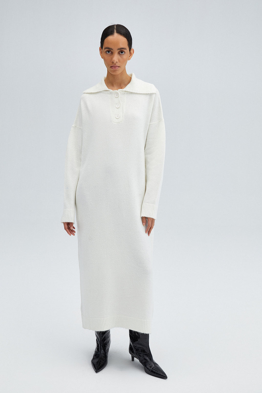 Textured Knit Maxi Dress with Polo Collar
