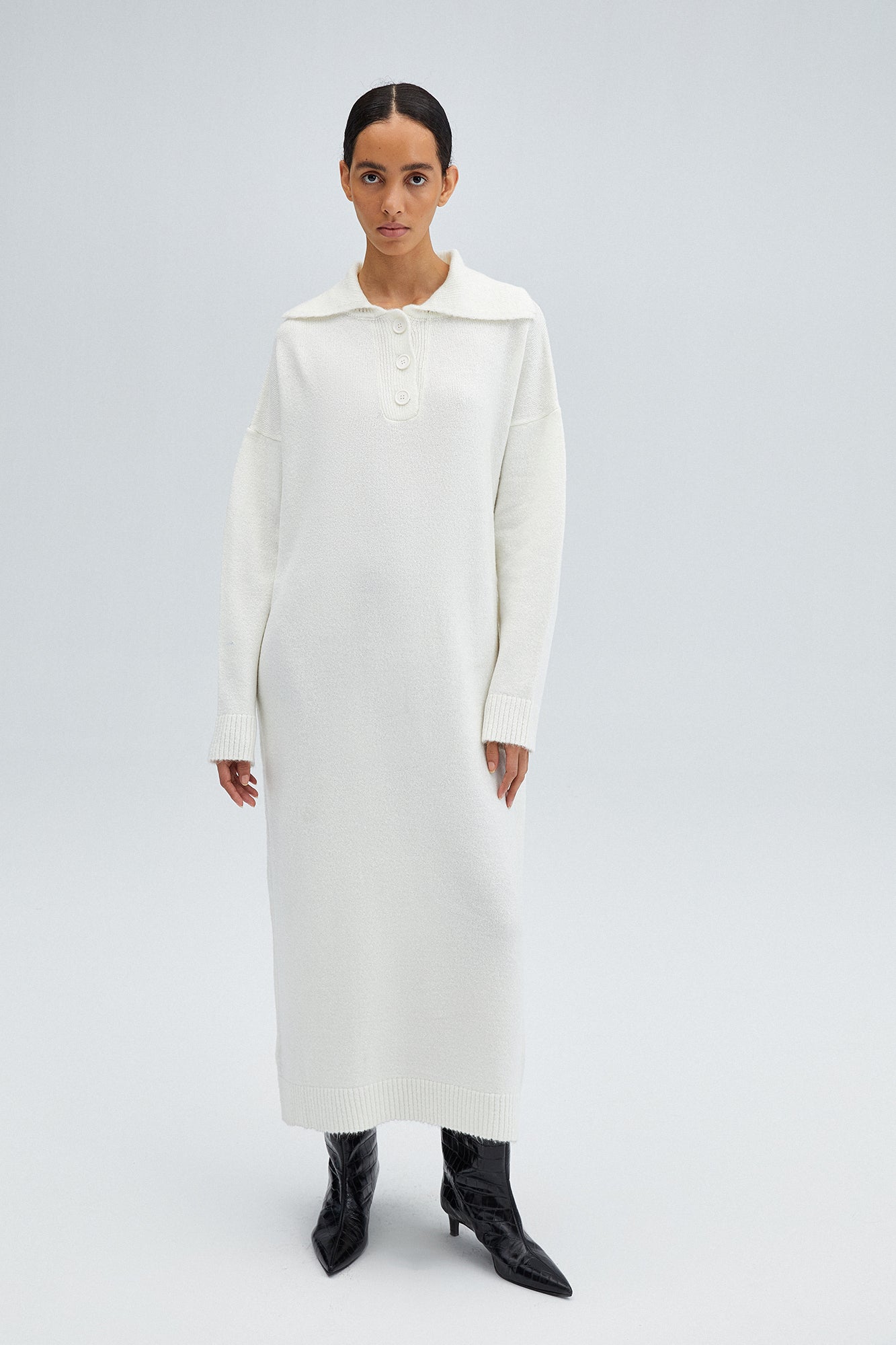 Textured Knit Maxi Dress with Polo Collar