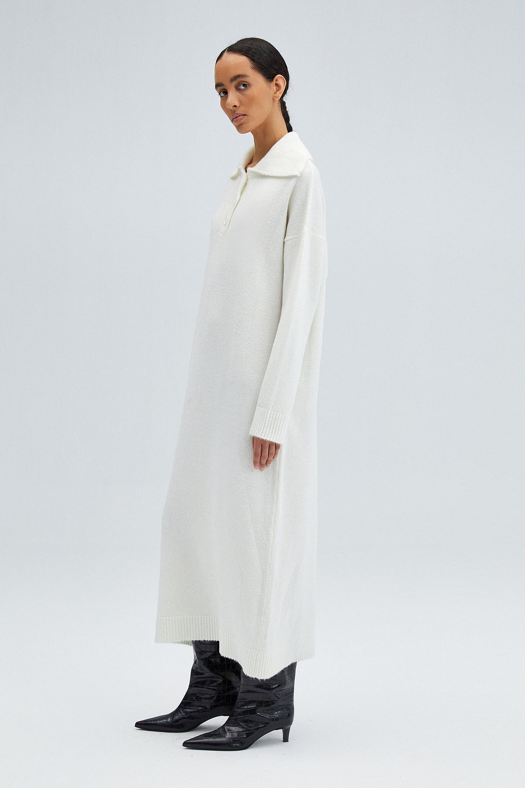 Textured Knit Maxi Dress with Polo Collar