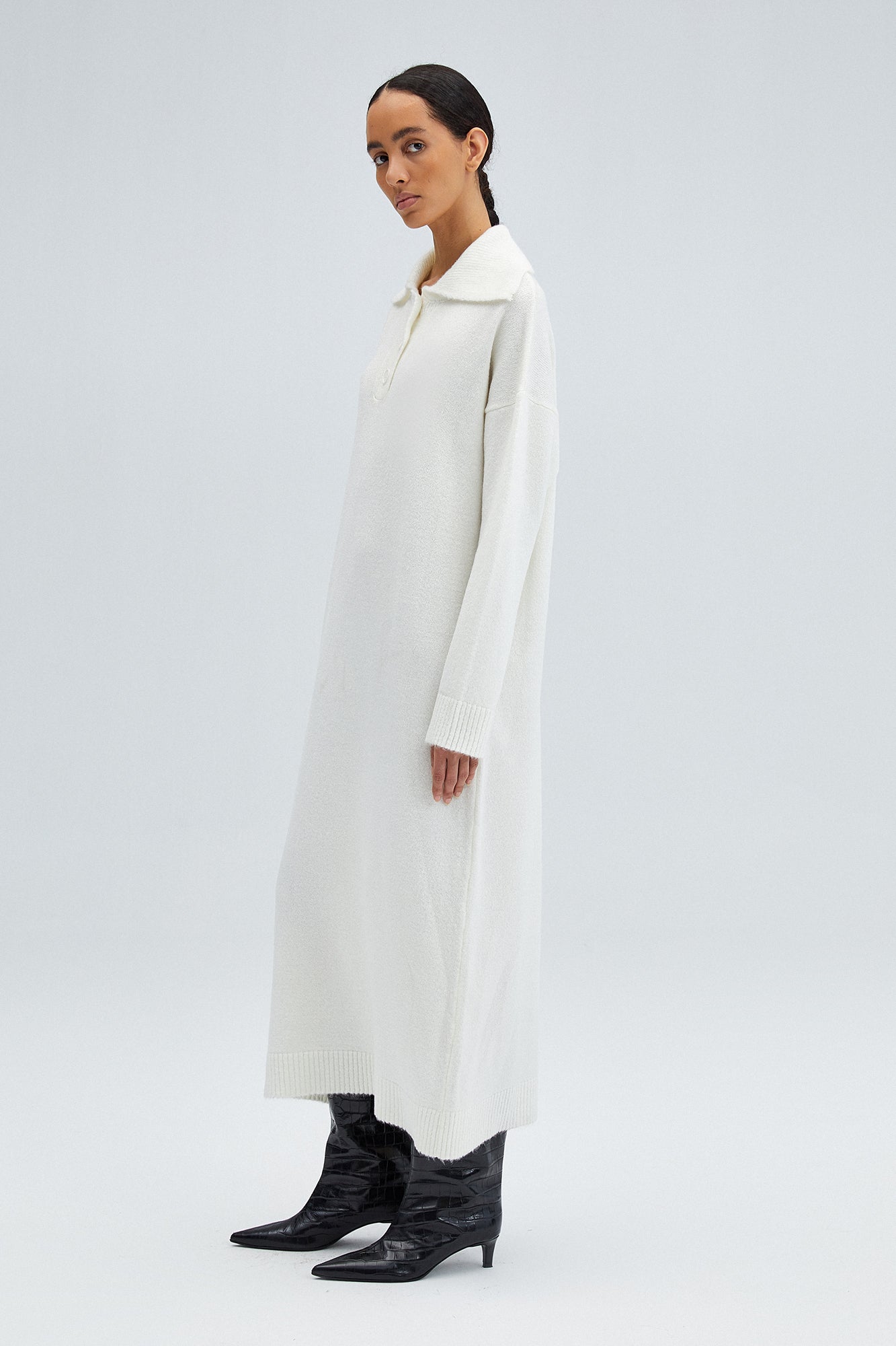 Textured Knit Maxi Dress with Polo Collar