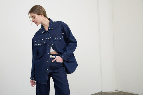 Stud-Embellished Button-Down Denim Shacket