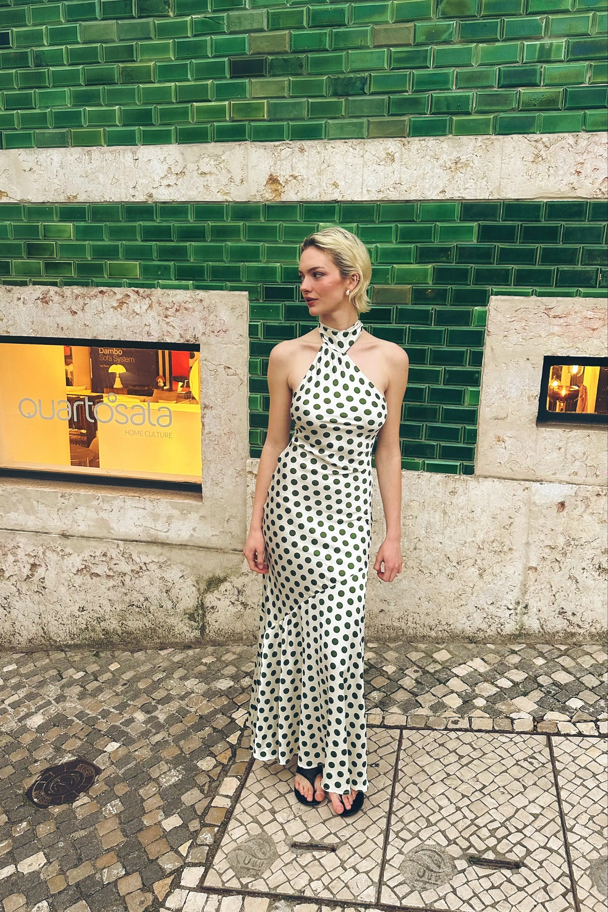 Polka Dot Satin Halter Dress